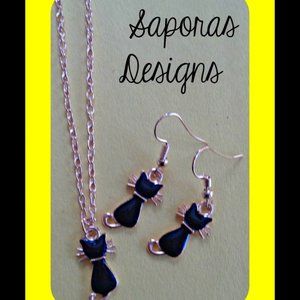 Gold & Black In Color Cat / Kitten Dangle Earrings & Necklace Jewelry Set